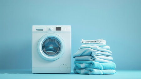 A white washing machine with a glass door sits on a light blue surface. To the right of the machine, a stack of neatly folded white and blue laundry sits against the blue wall.の素材
