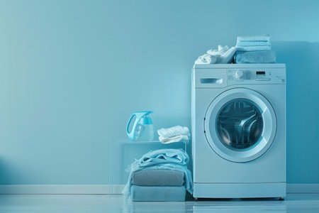 A washing machine sits next to a neatly stacked pile of clean laundry in a blue room.の素材