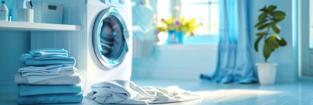 A stack of neatly folded clean laundry sits next to a washing machine in a bathroom with blue walls and accents.の素材