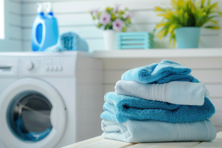 A stack of freshly washed and folded towels sits on a countertop in a bathroom, with a white washing machine in the background.の素材