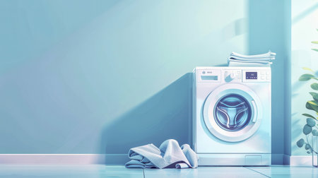 A white washing machine stands in a modern bathroom with a light blue wall and a neatly folded pile of clean laundry on top.の素材