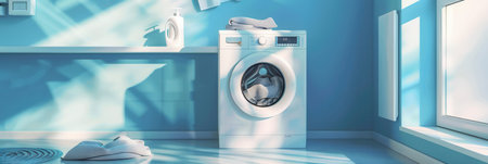 A white washing machine is shown in a bright blue bathroom. The machine is on and the door is closed. Folded laundry is neatly stacked on the floor next to it.の素材
