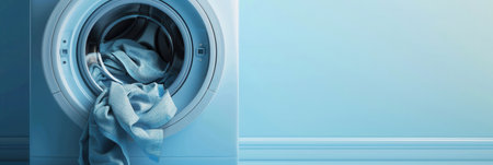 A white washing machine with a blue door, in a modern bathroom, is in the process of cleaning clothes.の素材