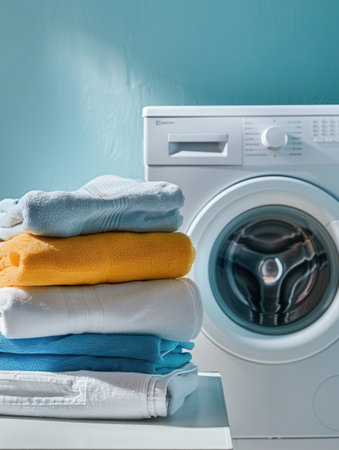 A stack of freshly laundered clothes sits neatly on the counter beside a white washing machine in a bright bathroom.の素材