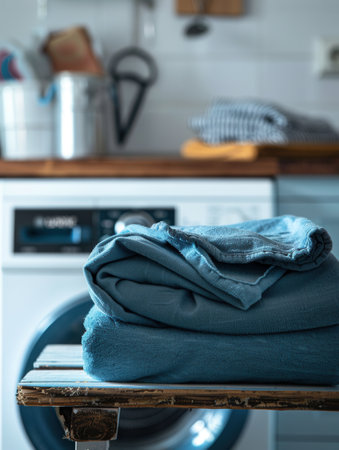 A stack of neatly folded blue laundry sits on a wooden shelf in a laundry room, with a washing machine visible in the background.の素材