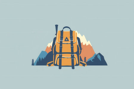 A minimalist illustration of a stylized backpack against a background of mountains. This image symbolizes travel and adventure.の素材