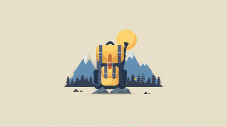 A minimalist illustration depicting a stylized backpack in front of a mountain range, symbolizing travel and adventure.の素材