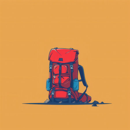 A minimalist illustration of a red backpack on a yellow background, symbolizing adventure and travel.の素材
