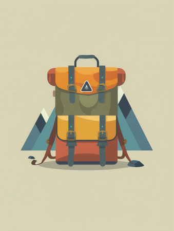 A digital illustration of a stylized backpack against a minimalist background of a mountain landscape.の素材