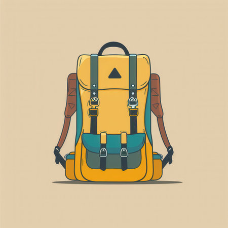 A stylized image of a yellow backpack, ready for an adventure, isolated on a minimalist background.の素材