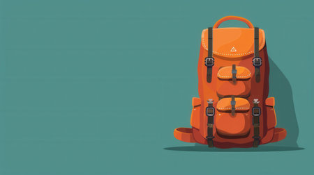 An illustration of a stylized orange backpack against a teal background, symbolizing the excitement of travel and adventure.の素材