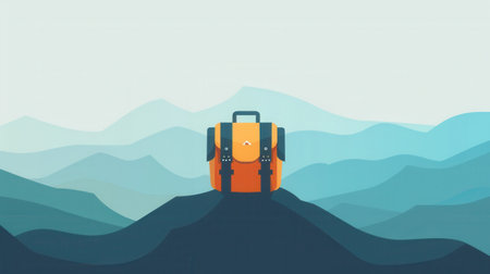 A minimalist illustration of a stylized backpack sitting on a mountain peak against a serene background of layered, blue mountains.の素材