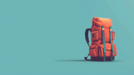 A minimalist image featuring a stylized red backpack against a blue background, symbolizing travel and adventure.の素材