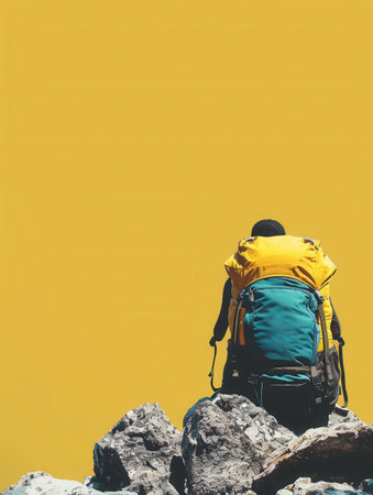 A stylized image of a backpack resting on rocks against a minimalist yellow sky. It evokes a feeling of adventure and travel.の素材