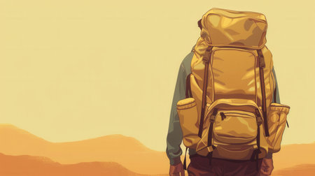 A stylized illustration of a person carrying a large backpack on their back, standing against a minimalist backdrop of a desert landscape.の素材