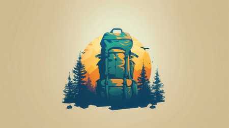 A stylized illustration of a backpack set against a minimalist landscape featuring a setting sun and trees.の素材