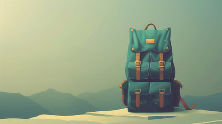 A stylized green backpack rests on a mountaintop against a minimalist, muted background. The image symbolizes travel, adventure, and exploration.の素材