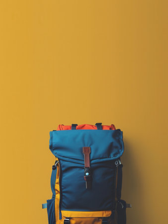 A stylized backpack sits against a yellow background, symbolizing travel and adventure.の素材