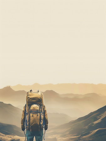 A minimalist image featuring a stylized backpack silhouette against a backdrop of mountain ranges at dawn. The scene evokes a sense of travel and adventure.の素材