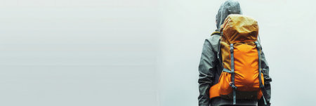 A minimalist image featuring a stylized backpack silhouette against a foggy, neutral-colored background. The backpack symbolizes travel and adventure.の素材