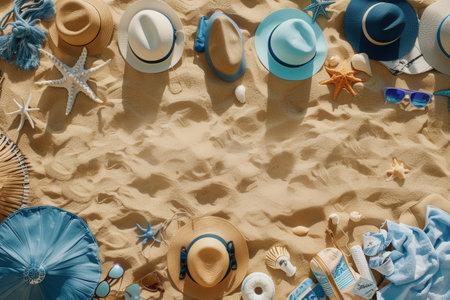 An overhead view of a sandy beach with various summer accessories, including hats, sunglasses, towels, and beach bags.の素材