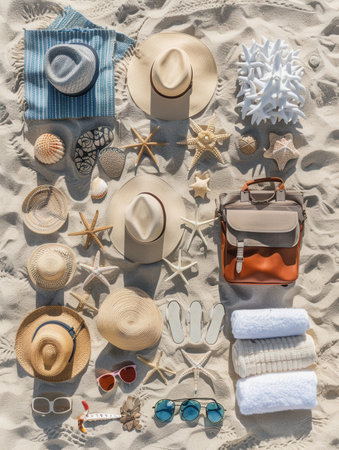 A flat lay image showing various beach essentials, such as hats, sunglasses, towels, and beach bags, laid out on a sandy beach background.の素材
