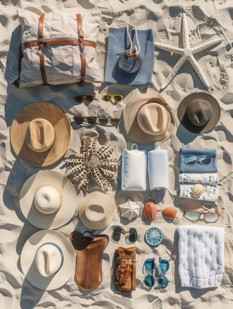 Beach accessories, including hats, sunglasses, towels, and bags, are arranged on a sandy beach.の素材