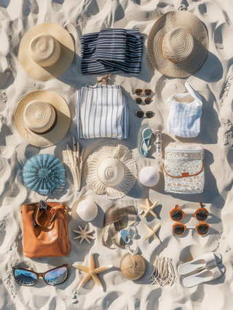 A collection of beach accessories, including hats, sunglasses, towels, and bags, laid out on the sand.の素材