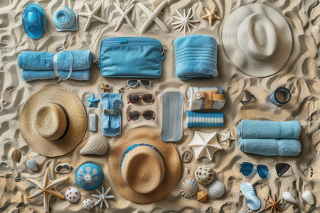 A flat lay showcasing a collection of beach essentials, including hats, sunglasses, towels, and beach bags, arranged on a sandy beach.の素材