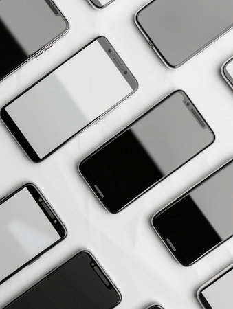 A close-up image featuring several modern smartphones arranged diagonally on a white background.の素材
