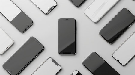 A flat lay image of multiple modern smartphones arranged in different angles on a gray background.の素材