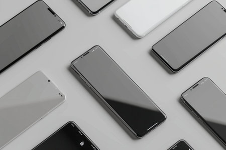 A flat lay of several modern smartphones arranged at different angles on a gray surface.の素材