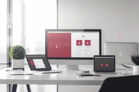 A sleek desk with modern laptops and tablets showcasing vibrant apps and work processes. Perfect for IT companies and electronics manufacturers.の素材