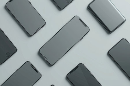 Multiple modern smartphones are arranged on a white surface at different angles, creating a clean and minimal aesthetic.の素材