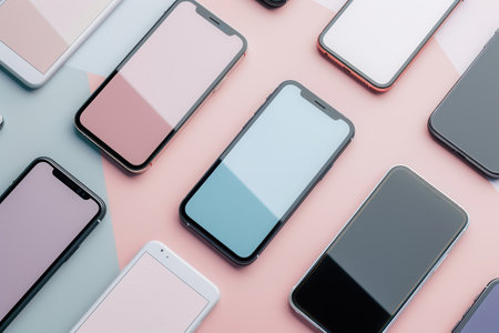 A flat lay of several smartphones arranged at different angles on a pink and blue surface.の素材