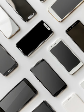 A flat lay of several modern smartphones arranged in a geometric pattern on a white surface. Perfect for showcasing mobile technology and smartphone accessories.の素材