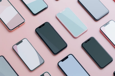 A flat lay image of several modern smartphones arranged in different angles on a pink background.の素材