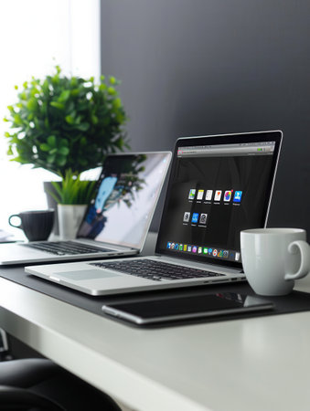 A modern workspace featuring sleek laptops and tablets displaying vibrant apps and work processes. Ideal for IT companies and electronics manufacturers.の素材