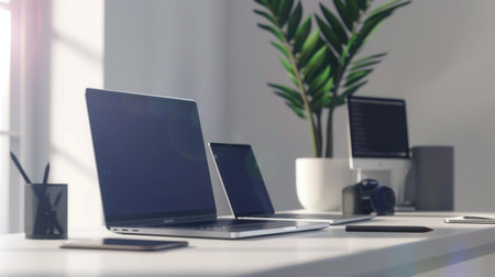 Three modern laptops and tablets are shown on a sleek desk, with vibrant apps and work processes displayed on their screens. Perfect for IT companies and electronics manufacturers.の素材