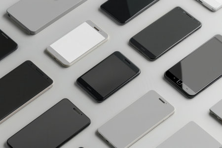 A collection of modern smartphones arranged on a white surface. Great for mobile technology companies.の素材