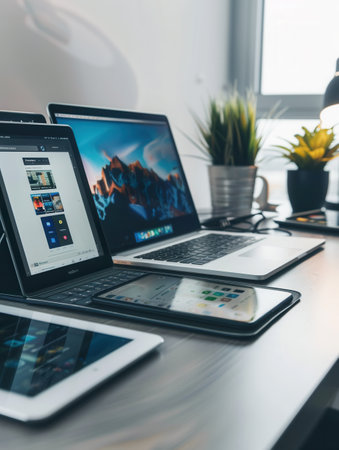 A close-up shot of modern laptops and tablets on a sleek desk, displaying vibrant apps and work processes on their screens.の素材