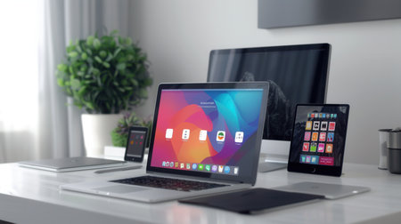 Three modern electronic devices are displayed on a clean, white desk. The devices showcase active apps and work processes, demonstrating the capabilities of these technologies.の素材