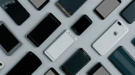 Multiple smartphones arranged in a variety of angles on a plain gray surface.の素材