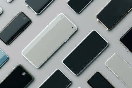 Multiple modern smartphones in various angles, showing the design and technology of mobile devices.の素材