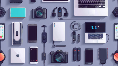 An illustration of a variety of charging devices and stations designed for smartphones, laptops, and other gadgets.の素材