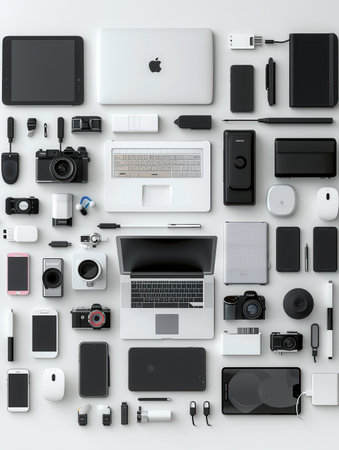 A collection of charging devices and accessories for smartphones, laptops, and other gadgets.の素材