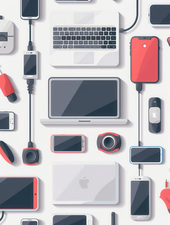 A digital illustration showing a variety of charging devices and accessories for laptops, smartphones, and other gadgets.の素材