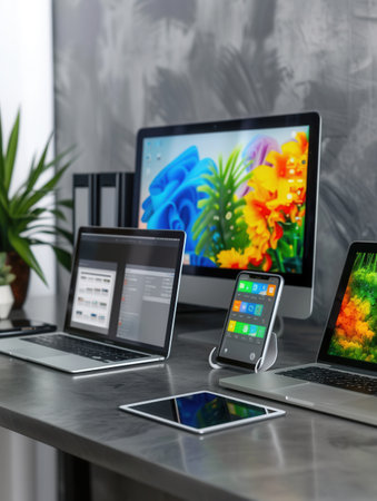 Modern laptops and tablets displaying vibrant apps and work processes on their screens, perfect for IT companies and electronics manufacturers.の素材
