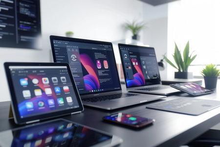 A Modern Desk with Laptops and Tablets Displaying Vibrant Apps and Work Processes.の素材