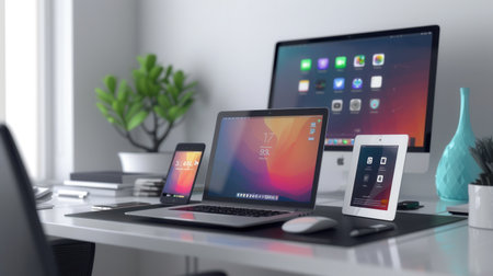 A sleek desk features modern laptops and tablets showcasing vibrant apps and work processes on their screens. This image is perfect for IT companies and electronics manufacturers.の素材